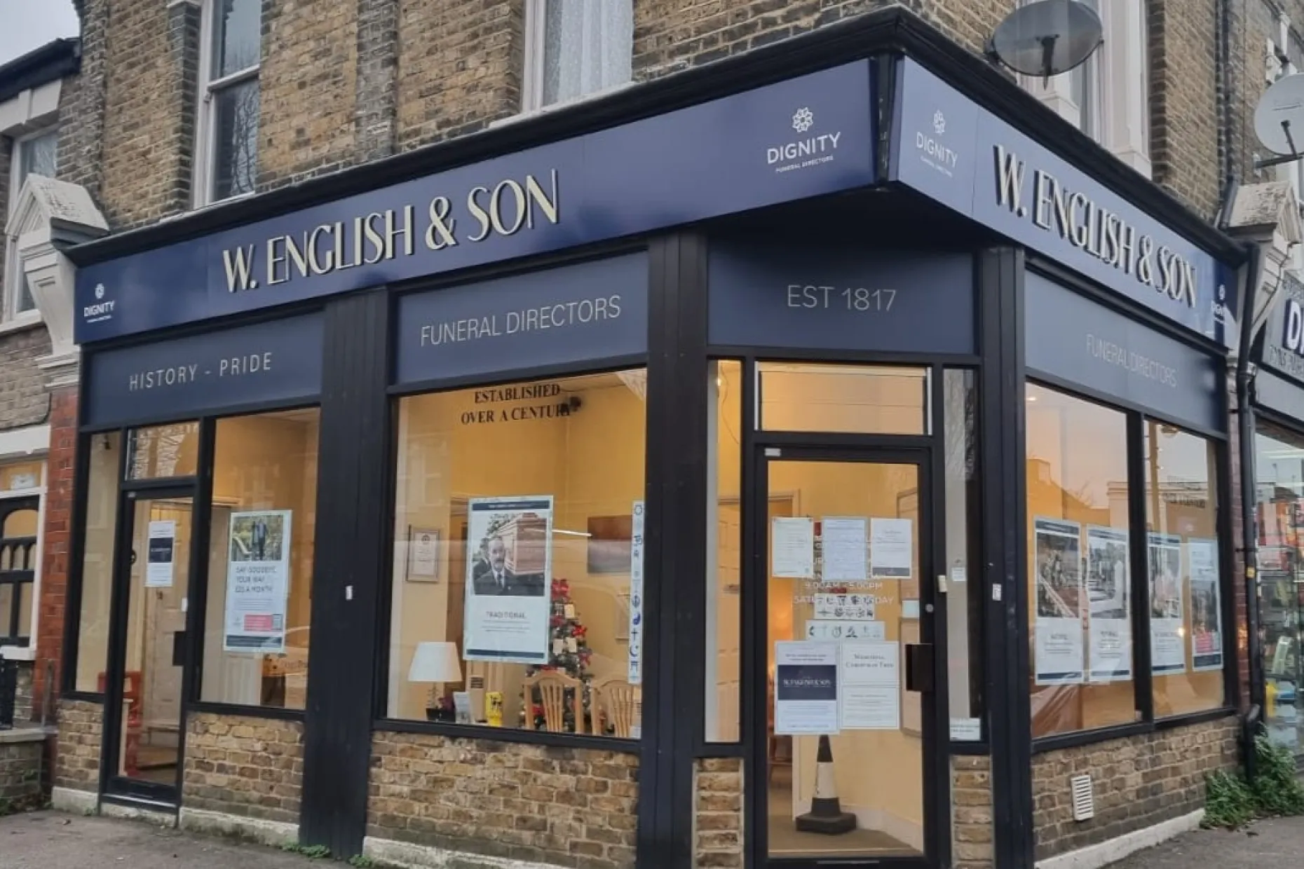 W. English & Son Funeral Directors branch on High Road, Leytonstone, London.