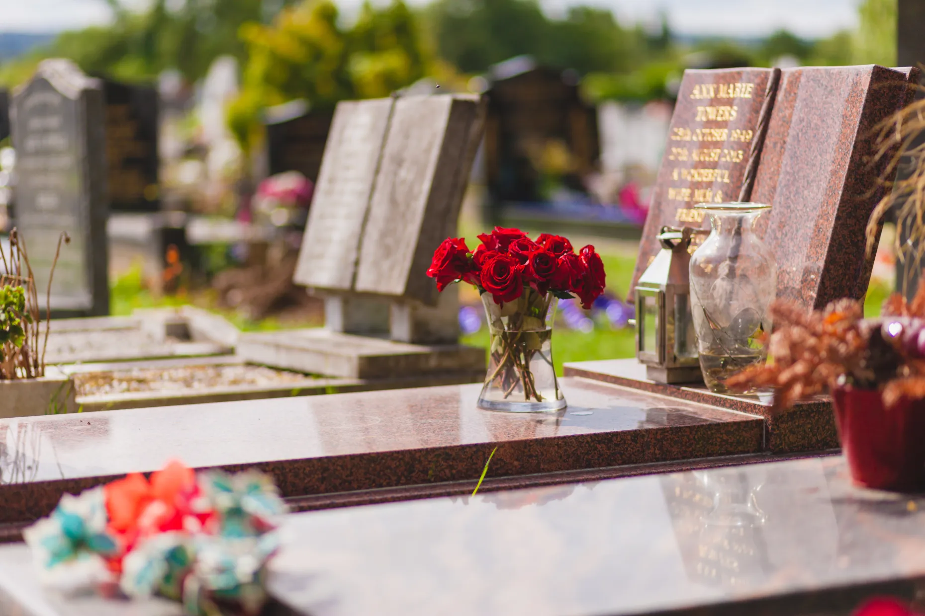 A headstone with red roses in a vase, among memorials in a cemetery.